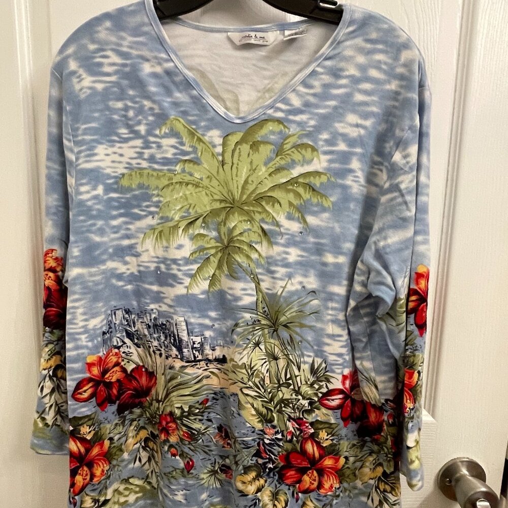 Natalie & Me Tropical Multicolor 3/4 Sleeve Casual Stretch Top size XL Embellish